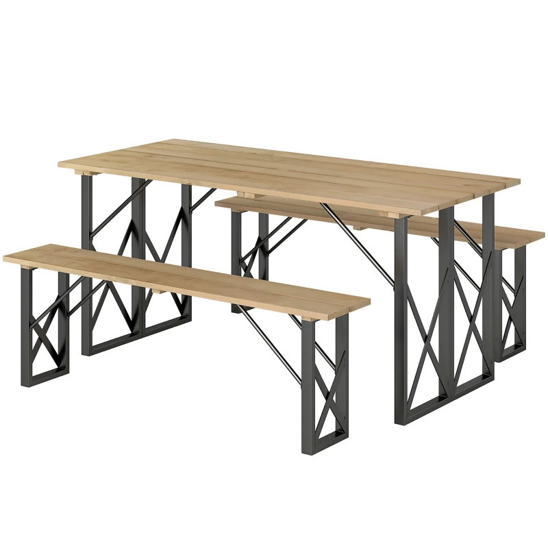 Outsunny Set de masă și bănci din lemn masă de picnic din lemn cu bancă pentru 6 până la 8, 160 cm, orificiu pentru umbrelă de 5 cm, maro