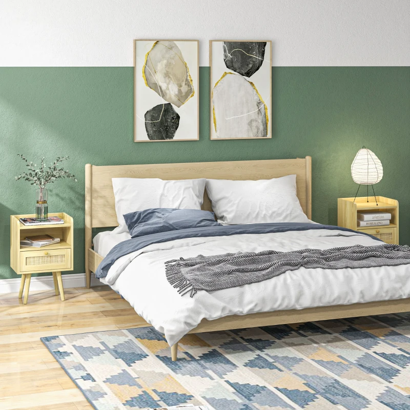 HOMCOM Set de 2 noptiere cu sertar efect răchită și spațiu deschis, 40 x 30 x 60 cm, efect lemn natural