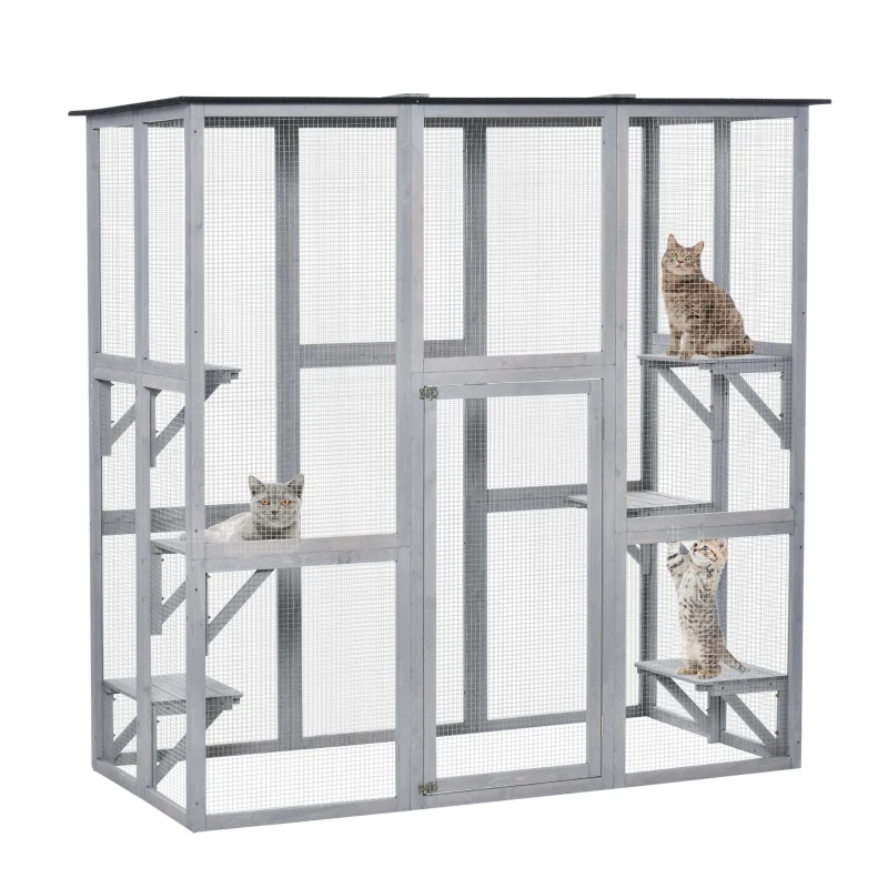 PawHut Wooden Catio Cat Outdoor Enclosure, Cat Cage with Waterproof Roof, Platforms, for Multiple Kittens, 180 x 98 x 180 cm
