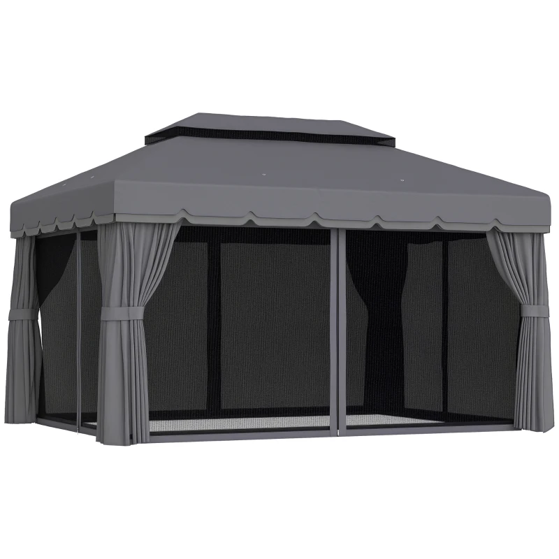 Outsunny Cenador para Jardín 4x3 m Pérgola de Jardín Gazebo con Doble Techo Paredes Laterales Anti-UV y Mosquiteras Gris