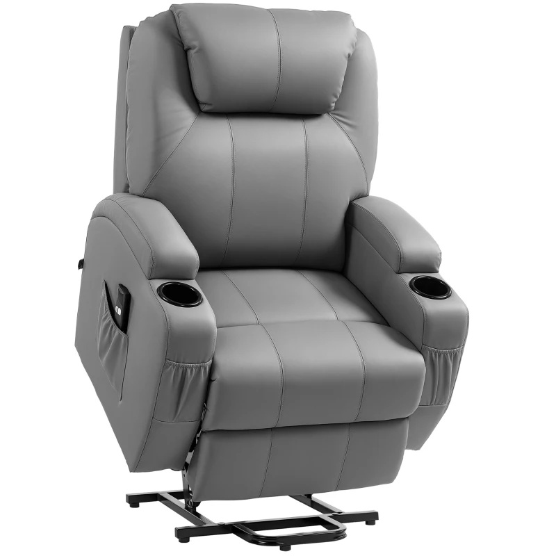 HOMCOM Elektrischer Relaxsessel mit Aufstehhilfe, Getränkehalter, 4 Taschen, 84x92x109 cm, Hellgrau