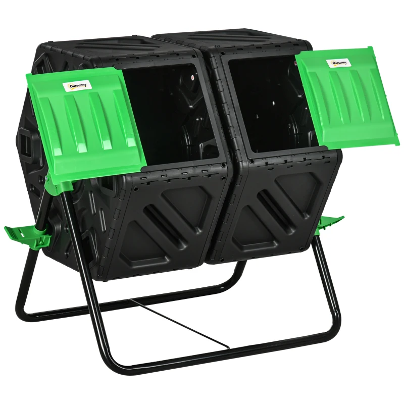 Outsunny Compostor de grădină bac pentru compost resturi rotativ 360° dublă cameră 130 L oțel PP 67 x 60 x 77 cm negru