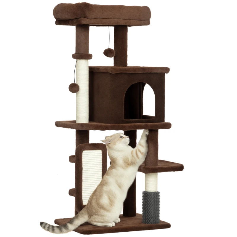PawHut Arranhador para Gatos Grande Altura 104 cm com Plataformas Postes com Escova Bolas Suspensas e Almofadas para Arranhar Marrom