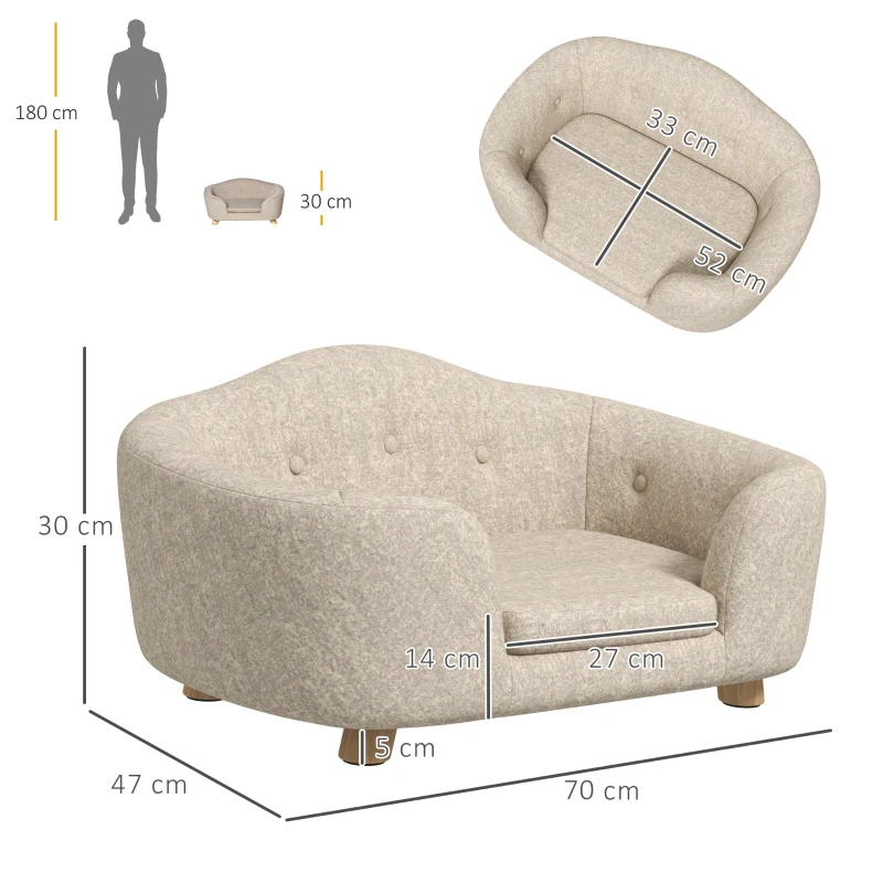 PawHut Haustiersofa Hundematte Hundebett Hundesofa Hundecouch Katzen Sofa mit Kissen Rückentasche Plüsch Schaumstoff Kiefernholz Cremeweiß 70 x 47 x 30 cm