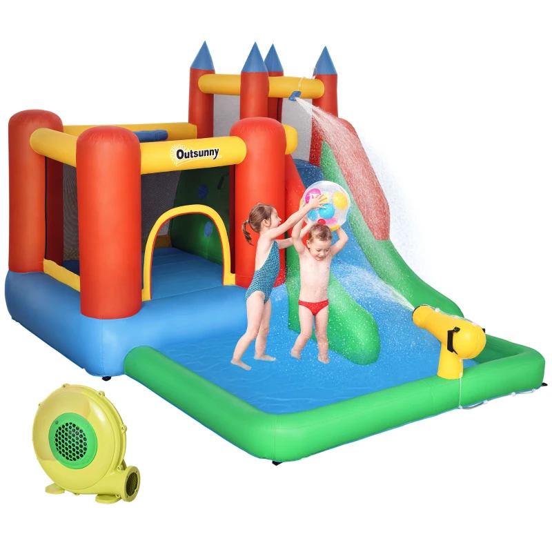 Outsunny Château gonflable avec toboggan piscine et mur d'escalade pour 4 enfants 3-8 ans juaqu'à 120 kg avec souffleur 450W pistolet à eau et sac de transport dim. 330L x 245l x 215H cm multicolore