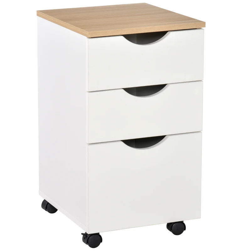 HOMCOM Armario Móvil para Oficina con 3 Cajones Ruedas Universales Freno Cajonera para Organizar Documentos 34x40x60,5 cm Blanco y Natural