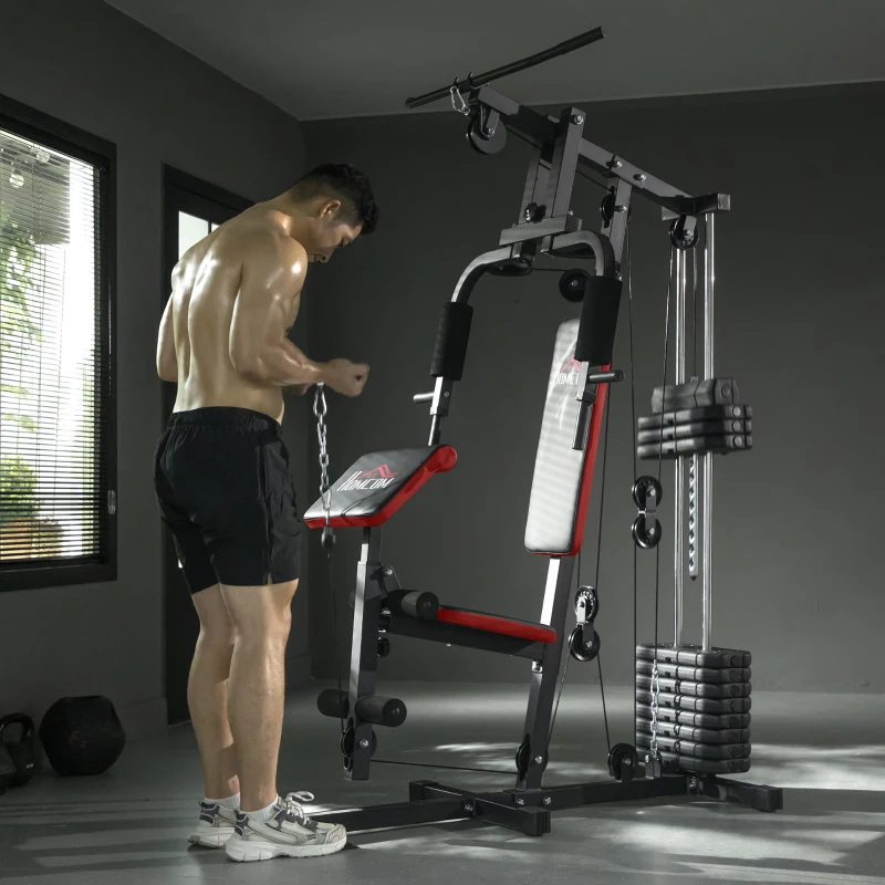 HOMCOM Máquina de Musculación con Placas de Peso de 65 kg Carga Max. 100 kg para Entrenamiento Fitness en Hogar Negro y Rojo