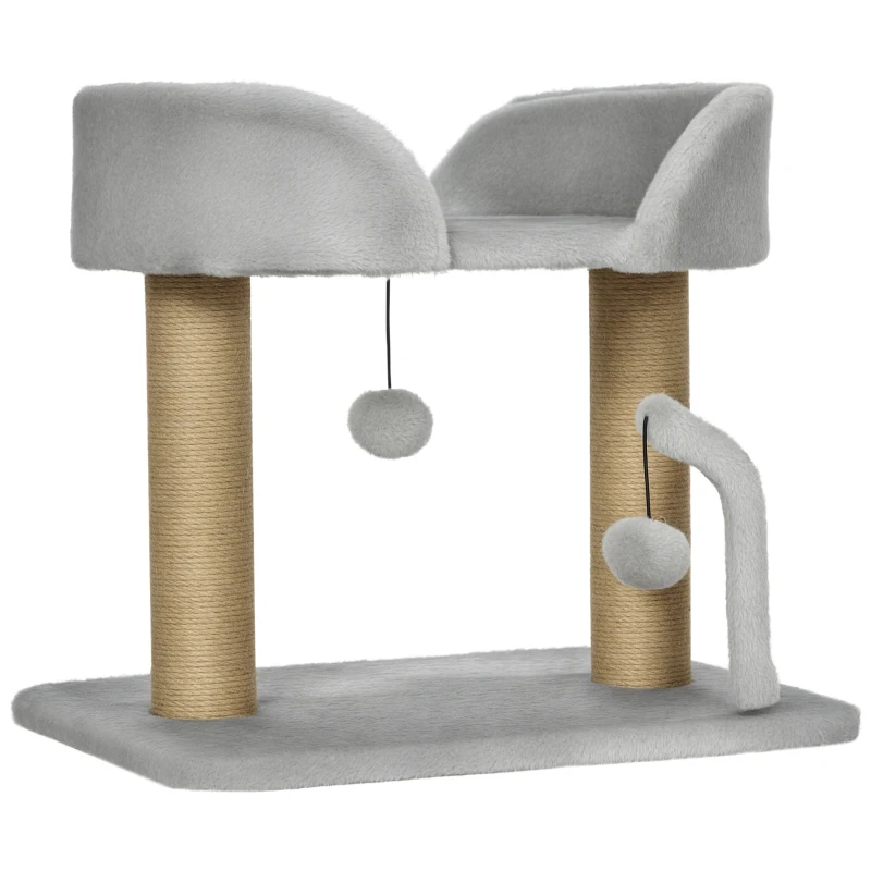 PawHut Arbre à chat grattoir design avec jeu 2 pompons suspendus 2 poteaux jute plateforme peluche jute 48 x 38 x 42 cm gris