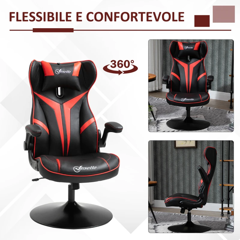 Vinsetto Sedia da Gaming, Sedia Ergonomica per Computer con Funzione Basculante, Sedia Girevole, Regolabile in Altezza, Acciaio, 67 x 75 x 106-112cm, Nero e Rosso