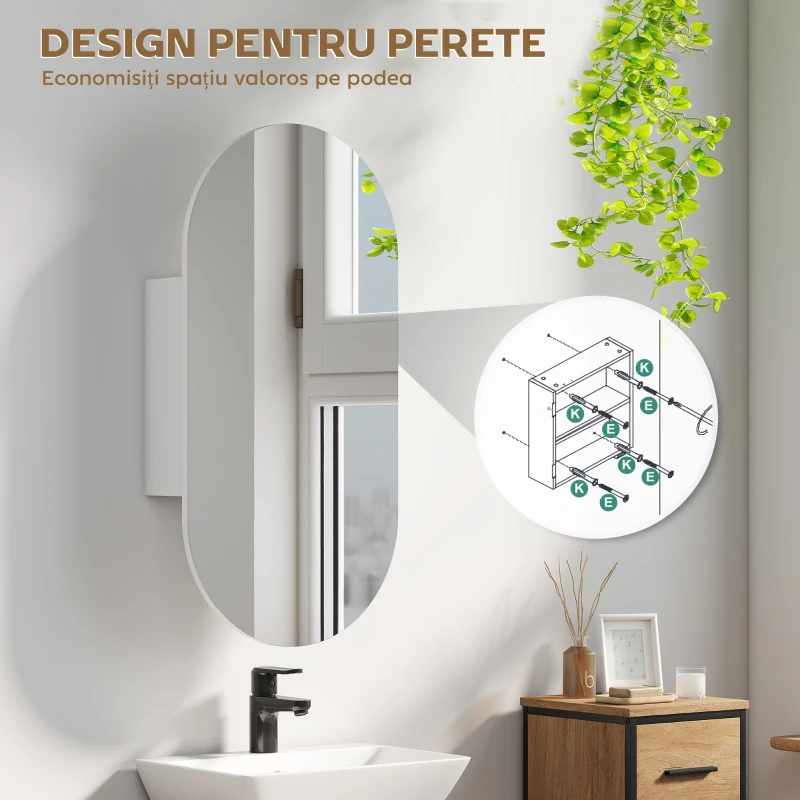 HOMCOM Oglindă Ovală Modernă cu Dulap și Două Rafturi, 45x90 cm, Alb