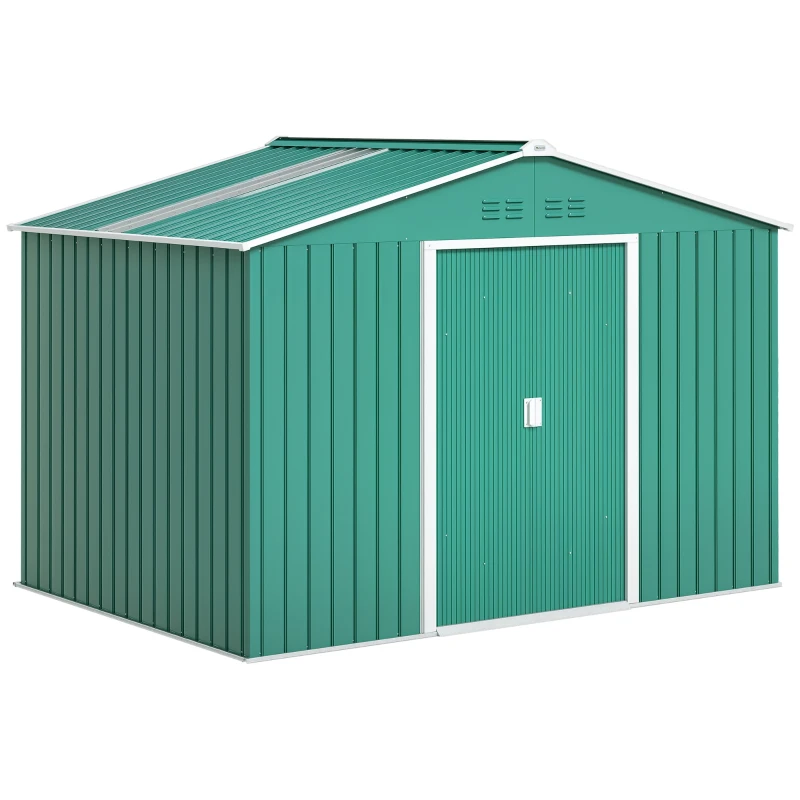 Outsunny Șopron pentru Unelte cu Acoperiș Înclinat și Uși Glisante Duble, 277x195x192 cm, Verde Închis