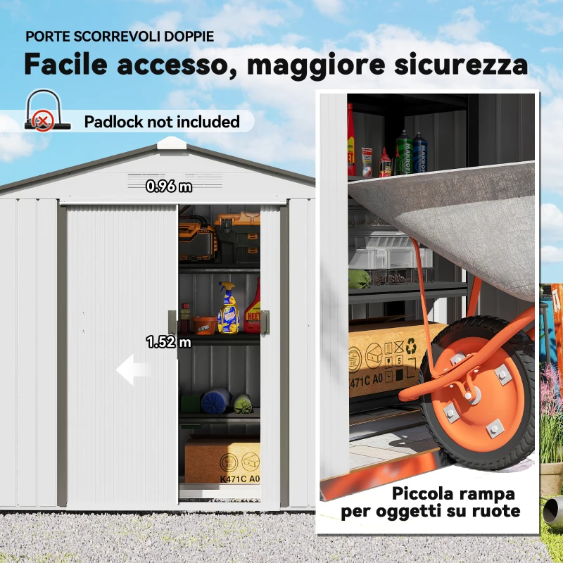 Outsunny Casetta Porta Utensili in Acciaio, Capanno da Giardino con Porte Scorrevoli, 213x130x185 cm, Bianco