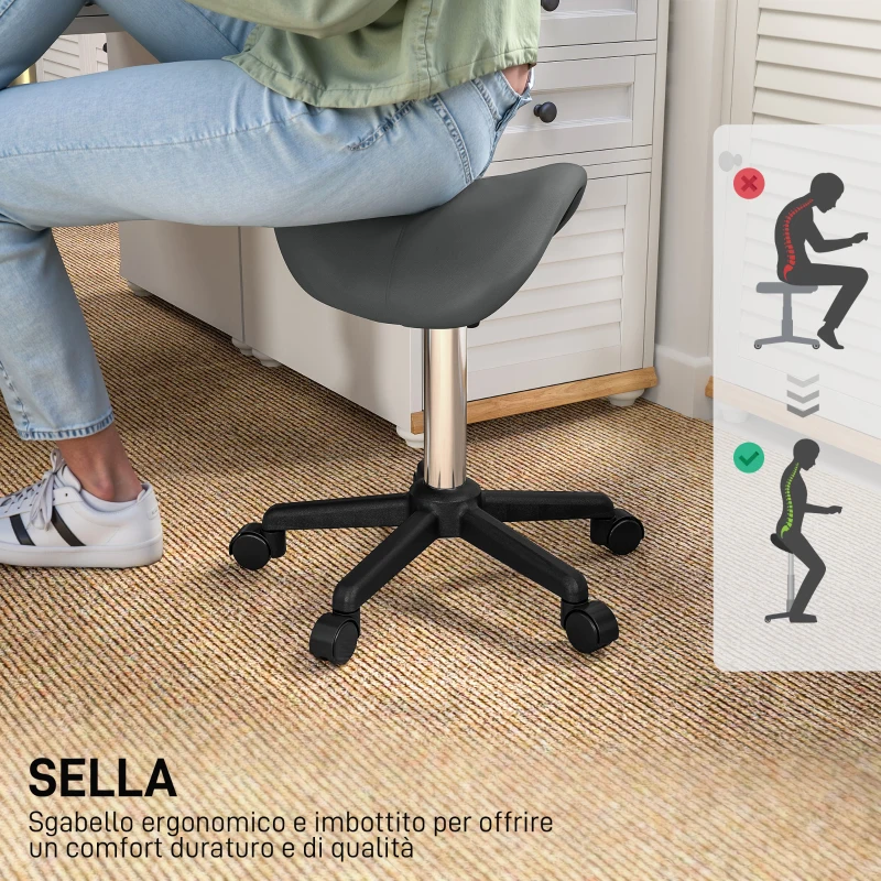 HOMCOM Sgabello Girevole a Sella con Ruote e Altezza Regolabile, Imbottito e Rivestito in Finta Pelle, Grigio
