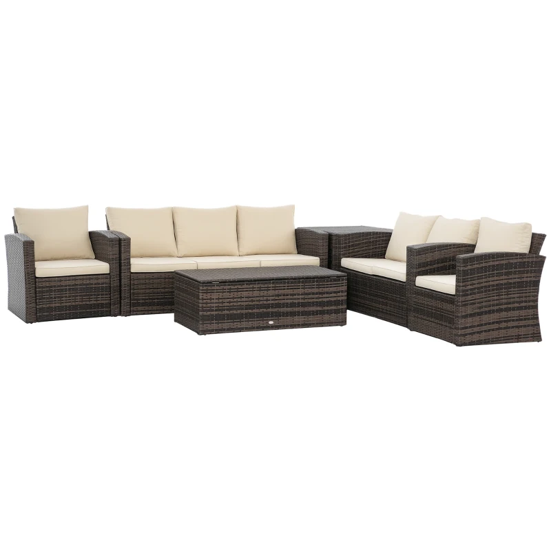 Outsunny Conjunto de Móveis de Jardim de Vime 6 Peças Sofá Duplo de 3 Lugares 2 Poltronas Individuais 2 Mesas Auxiliares com Armazenamento e Almofadas Marrom e Creme