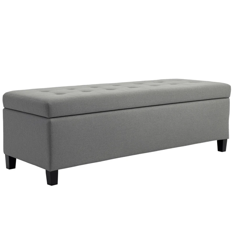 HOMCOM Linen Storage Ottoman, End of Bed Bench, Padded Footrest Seat with Tufting Design, Hinged Lid and Wood Frame 125L x 49W x 41.5H cm Grey