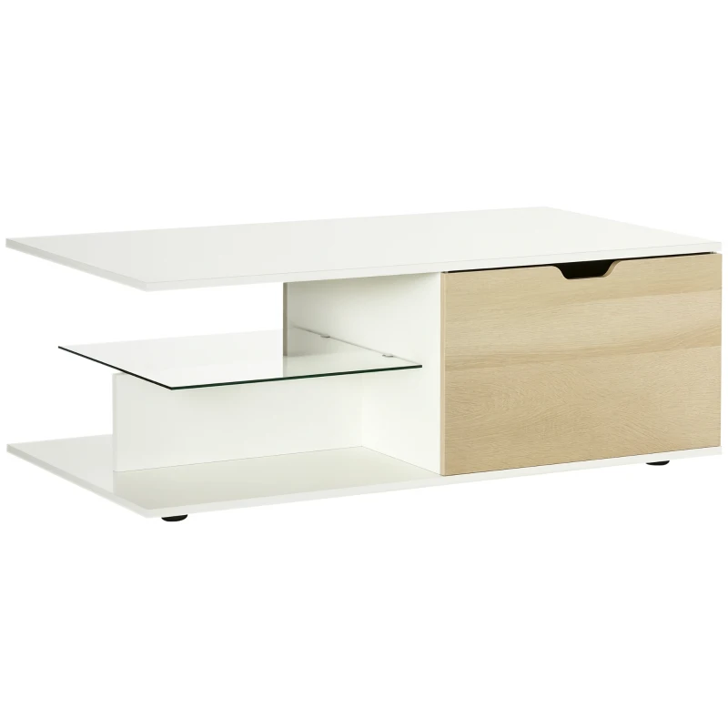 HOMCOM Table basse rectangulaire design contemporain 2 tiroirs 2 niches étagère verre trempé panneaux blanc aspect chêne clair