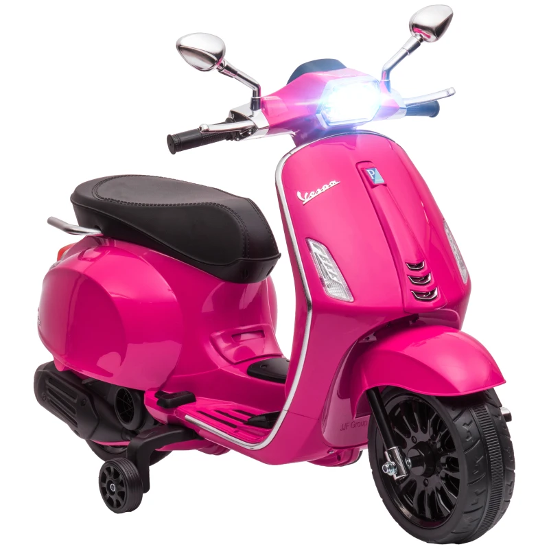 AIYAPLAY Motocicletă electrică pentru copii Vespa 6V, Muzică MP3 Port USB Faruri 2 roți de antrenare, 107L x 47l x 73H cm, Roz