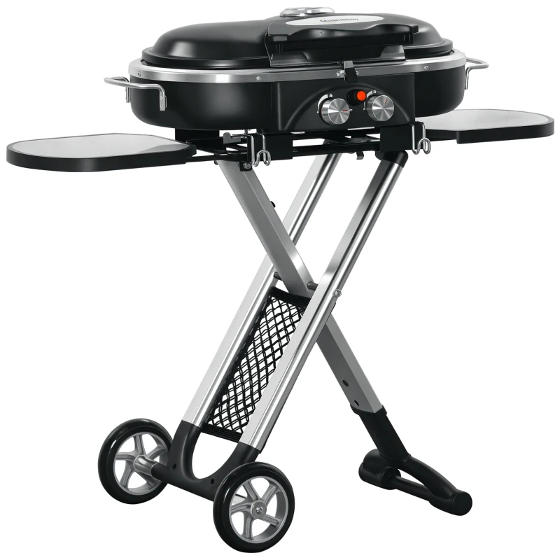 Outsunny Barbacoa de Gas Plegable 2,34 KW con 2 Quemadores 2 Ruedas Parrilla Metálica y Mesas Laterales 100x41,6x82,5 cm Negro