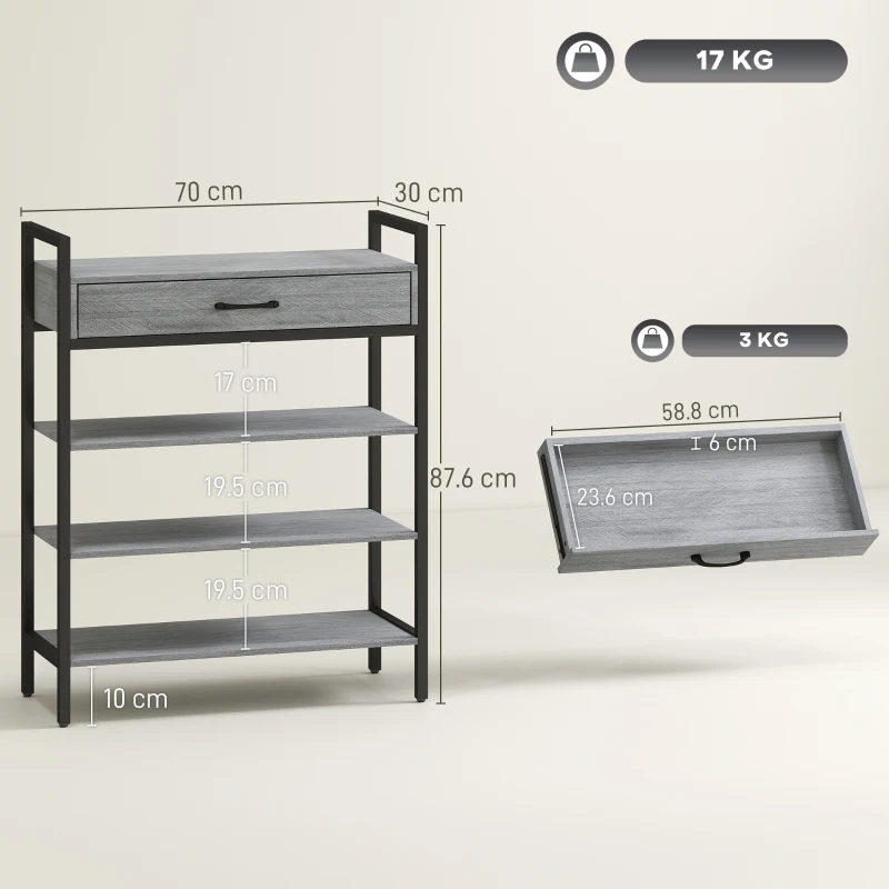 HOMCOM Porta Scarpe a 4 Livelli, Stand per Ingresso per Fino a 9 Paia di Scarpe, Pannello Truciolare, Metallo, Grigio