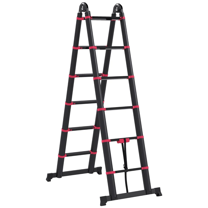 HOMCOM Scara Telescopica din Aluminiu si Nailon cu 12 Trepte cu Design Pliabil, 379x67.5x11 cm, Negru si Rosu
