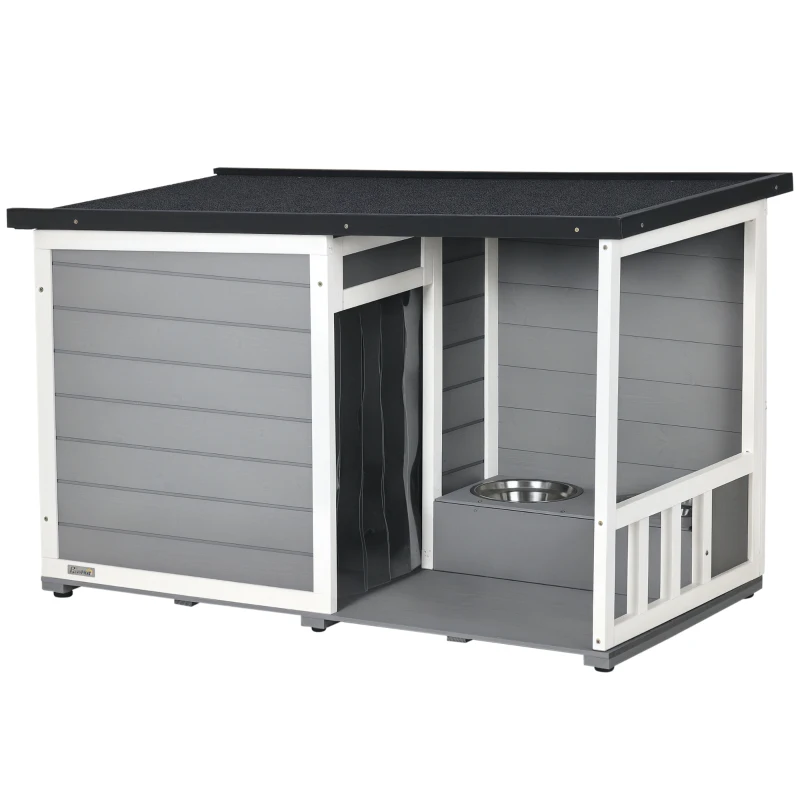 PawHut Hundehütte aus Massivholz, mit 2 Fressnäpfen, Veranda, wetterbeständig, 103 cm x 62 cm x 66 cm, Grau + Weiß