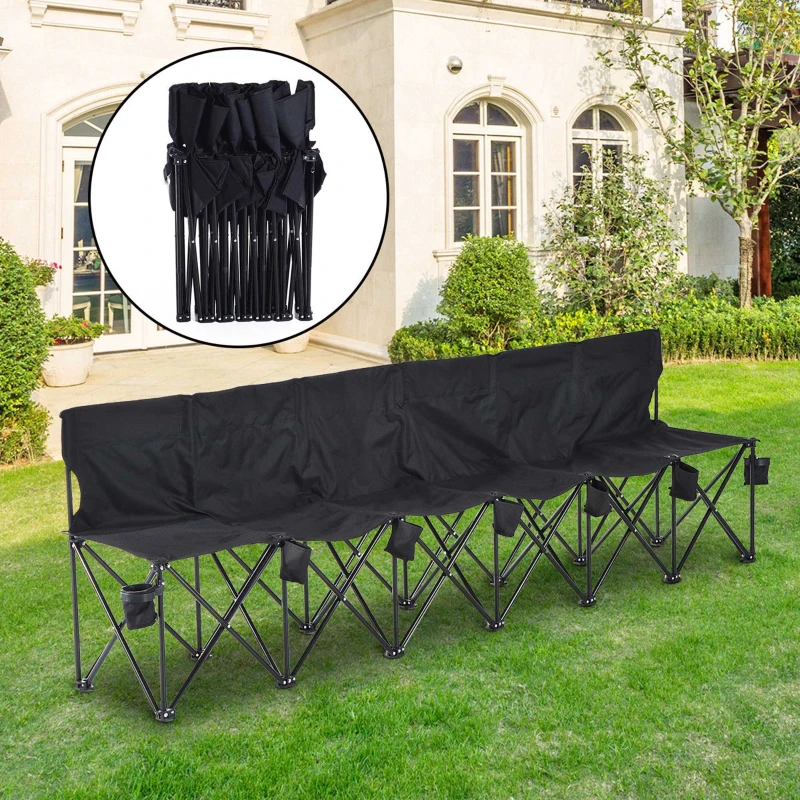 Outsunny 6 Seater Folding Sports Bench Outdoor Picnic Camping Portable Chair w/Cup Holder & Carry Bag - Black