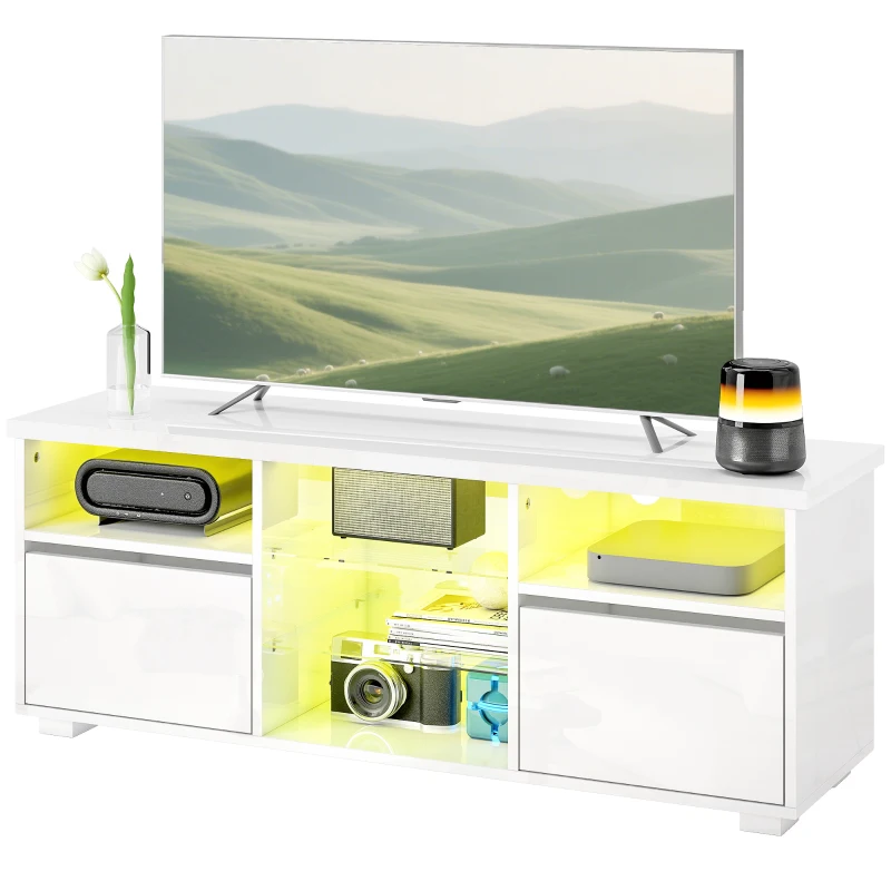 HOMCOM Meuble TV 120 cm, meuble télé pour téléviseur jusqu'à 55 pouces éclairage LED et télécommande étagères en verre blanc