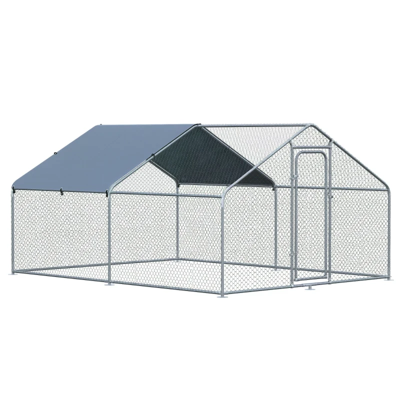 PawHut Galinheiro de Exterior Grande de Metal Galvanizado 3x4x1,95 m com Porta e Cobertura de Tecido de Oxford Prata