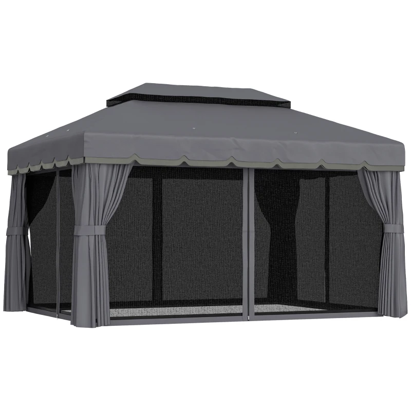 Outsunny Pérgola de Jardim 390x290x270 cm com 4 Cortinas Laterais 4 Telas Mosquiteiras e 8 Orifícios de Drenagem Cinza