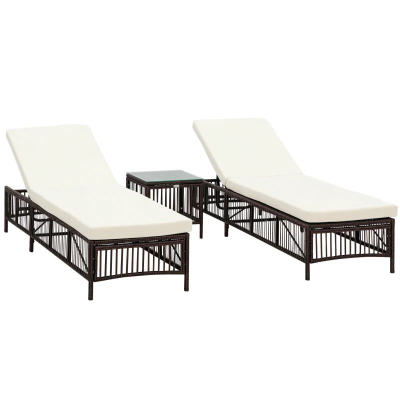 Outsunny Set 2 Lettini Prendisole con Cuscini Imbottiti e Tavolino in Rattan PE, Marrone e Beige