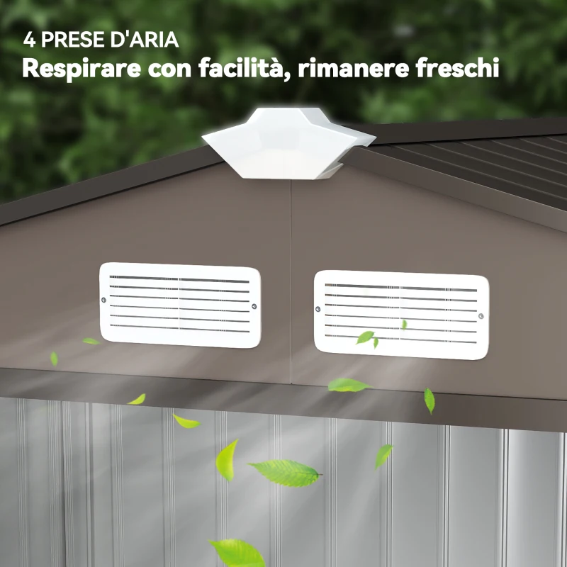 Outsunny Casetta da Giardino in Metallo con Prese d'Aria e Doppia Porta Scorrevole, 2.1x1.3m, Marrone