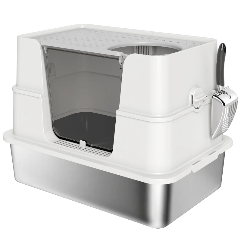 PawHut Arenero para Gatos de Acero Inoxidable XL con Tapa Abatible Laterales Altos Pala Fácil de Limpiar Antifugas Gris Claro