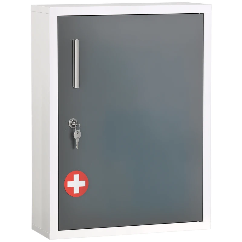 kleankin Armadietto Medicinali con 3 Ripiani e Blocco con Chiavi in Acciaio, 40x15x53.5cm, Bianco e Grigio