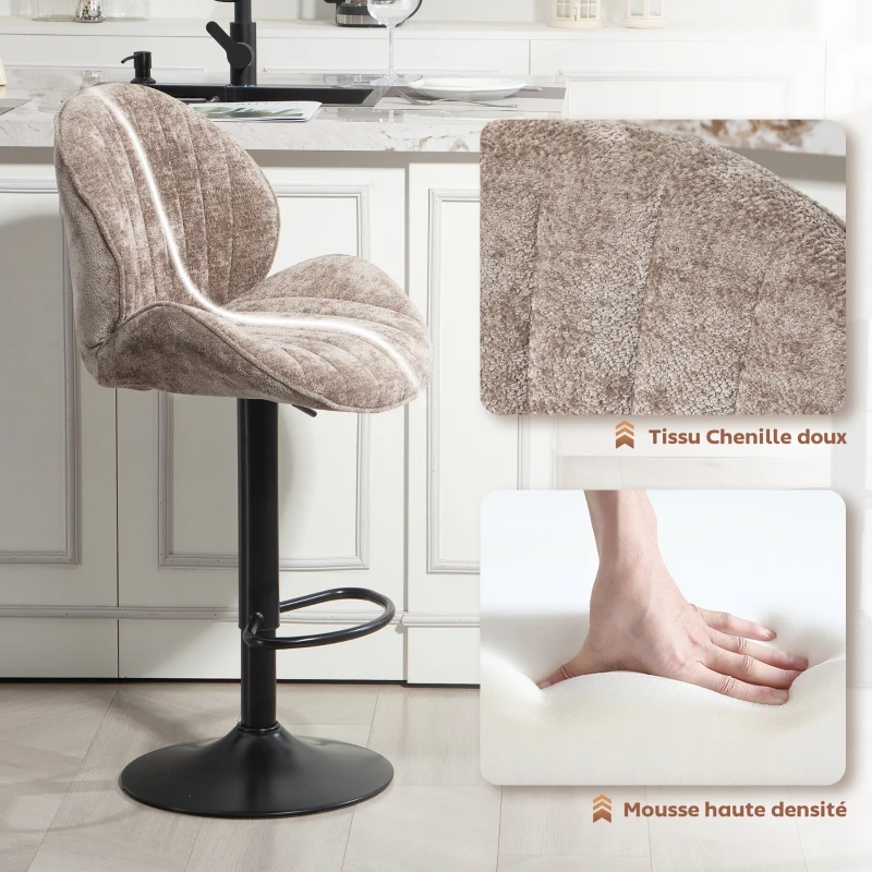 HOMCOM Lot de 2 tabourets de bar forme de coquillage, dossier, hauteur réglable et repose-pieds, cadre en acier, marron