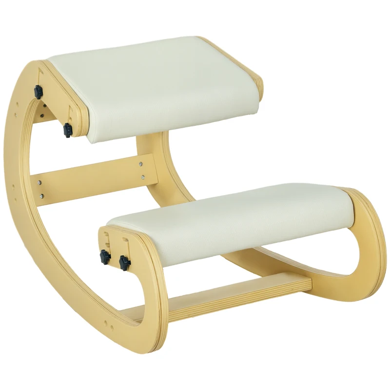 HOMCOM Sedia Inginocchiatoio Regolabile in 6 Posizioni, in Tessuto Effetto Lino e Legno di Betulla, 55x85x55 cm, Crema