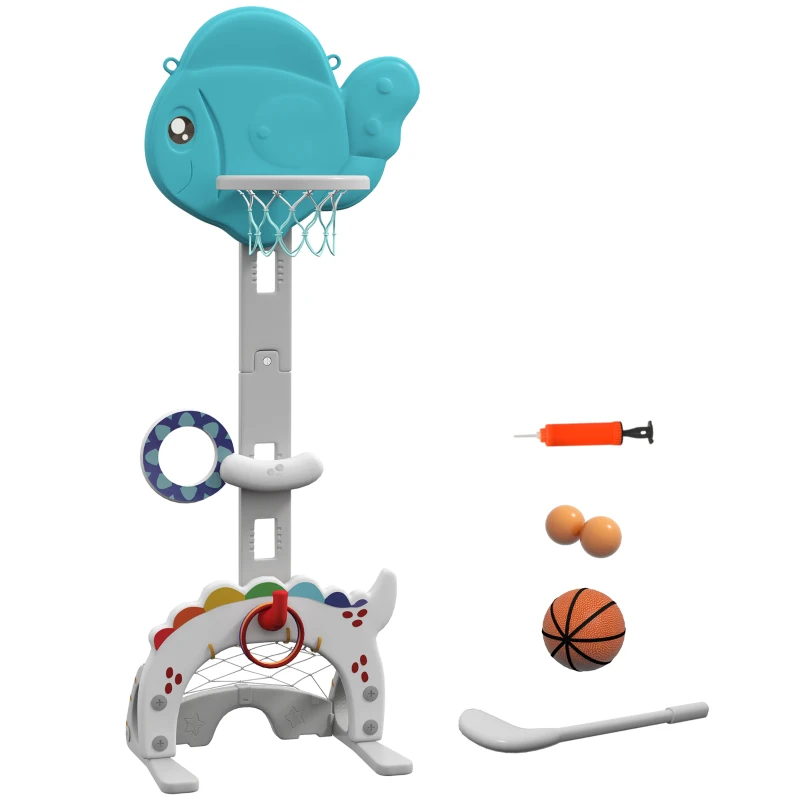 AIYAPLAY Panier de basket-ball pour enfants 5 en 1 hauteur réglable but de football balle de golf lancer d'anneaux bleu et gris