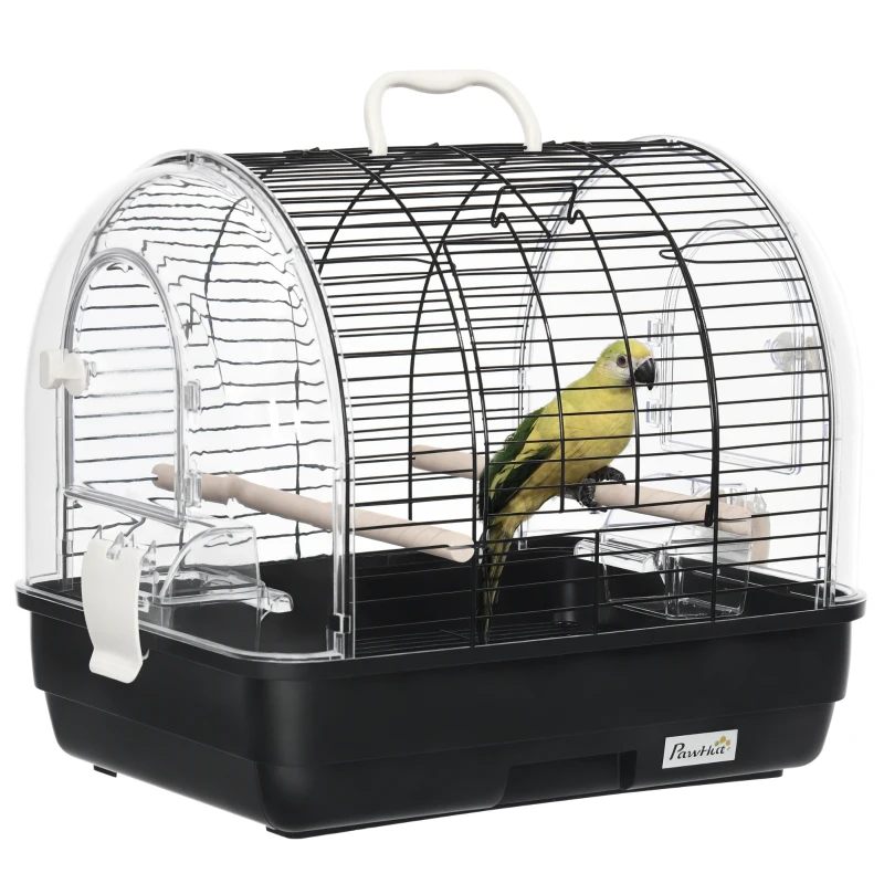 PawHut Colivie pentru pasari mobila pentru cinteze, canari, perusi, porumbei, Colivie de transport pentru pasari cu stinghie, tava detasabila, recipiente pentru hrana