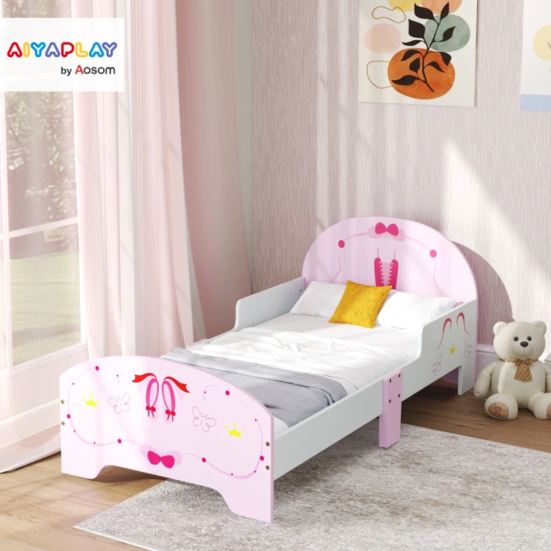 AIYAPLAY Ballet Theme Toddler Bed Frame with Safety Rails for 3-6 Years, Pink