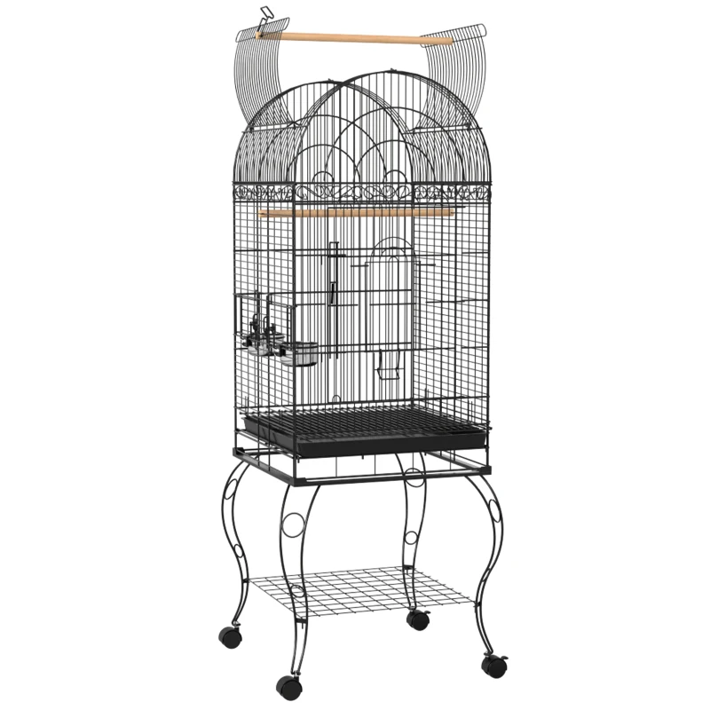 PawHut Gaiola para Pássaros com Rodas Bandeja Amovível Prateleira 2 Comedouros de Aço Inoxidável e Poleiro 51x51x153 cm Preto