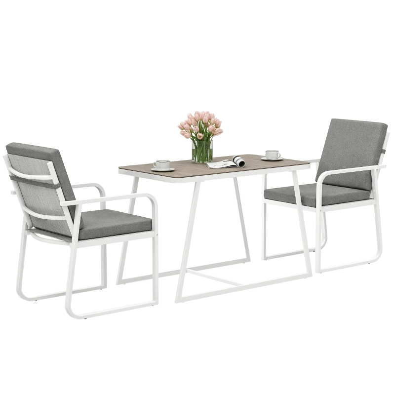 Outsunny Set de Gradina cu Masa si Scaune cu Perne Detasabile, Blat din Sticla si Cadru din Otel, 108x60x72 cm, Alb