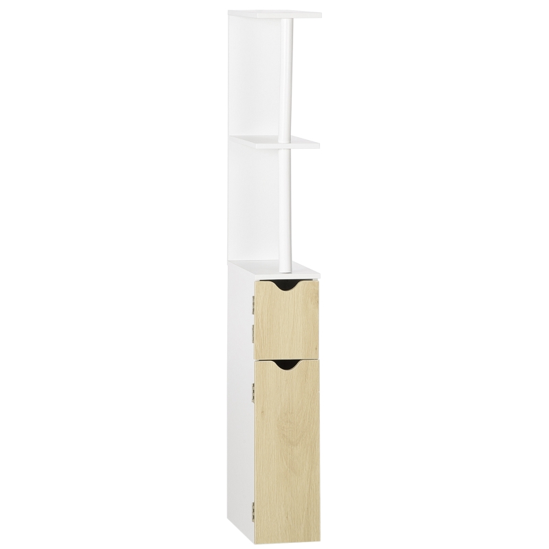 kleankin Columna de Baño con 2 Puertas y 2 Estantes Mueble Auxiliar de Baño Moderno 15,2x29,8x118 cm Blanco y Natural