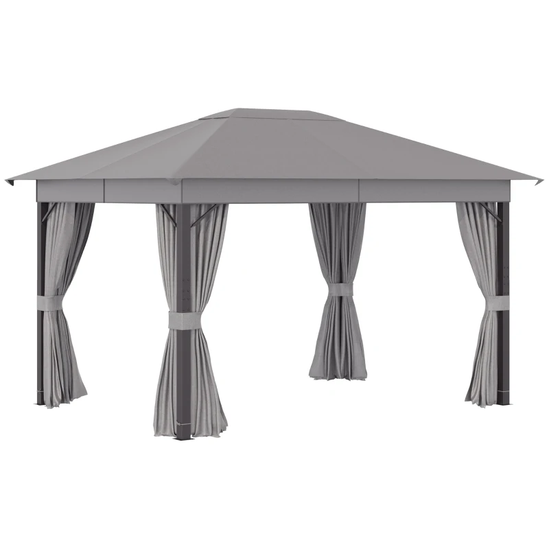 Outsunny Cenador de Jardín 4x3 m Pabellón con Techo de Ventilación 4 Cortinas Laterales con Puerta y 8 Orificio de Drenaje Gazebo de Aluminio para Exterior Patio Fiestas Gris