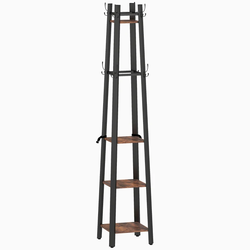 HOMCOM Industrial Coat Stand with 8 Hooks and 4 Shelves - Rustic Brown
