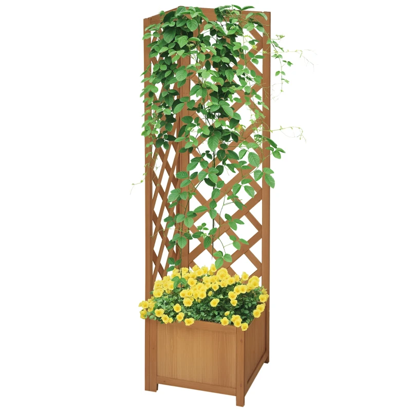 Outsunny Fioriera da Giardino in Legno di Abete Marrone con Grigliato per Rampicanti e Decorazioni, 40x40x145 cm