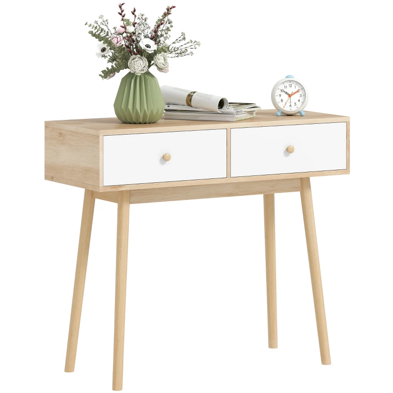 HOMCOM Masă de consolă cu 2 sertare și picioare din lemn, pentru living, intrare, hol, 86 x 35 x 75 cm, stejar și alb