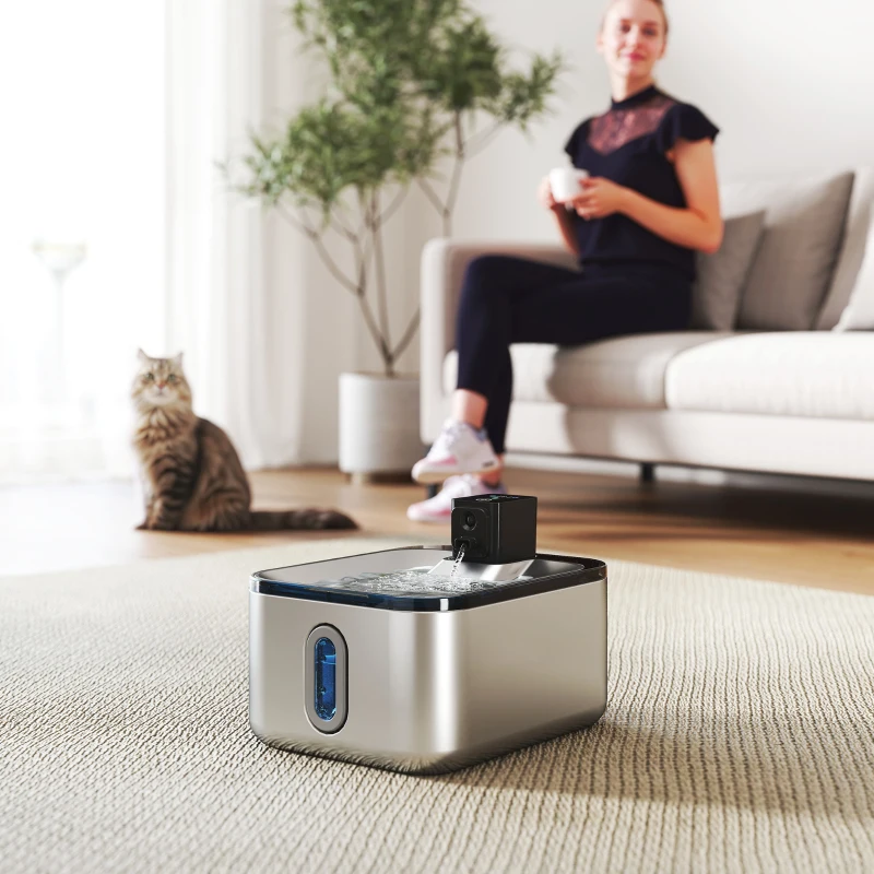 PawHut Fântână automată de apă pentru pisici din oțel inoxidabil 5L, silențioasă, distribuitor apă 3-etape filtru încărcător USB, argintiu