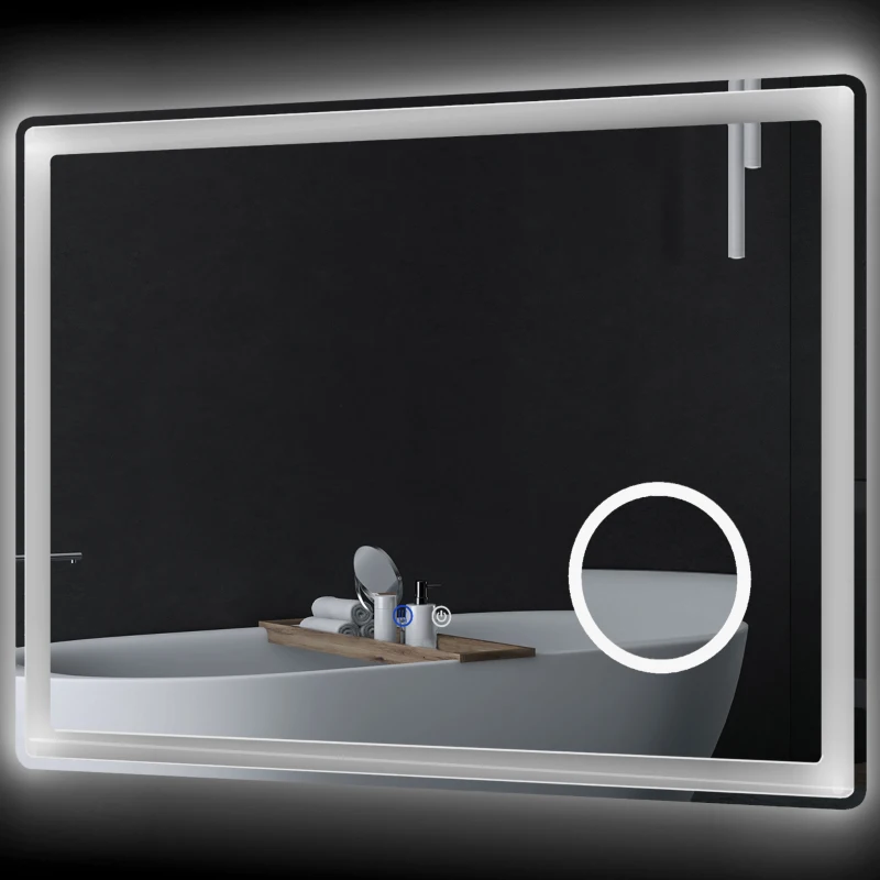 kleankin Oglindă de baie rectangulară cu LED, funcție antiabur, luminozitate reglabilă, oglindă cu zoom x3 80 x 60 cm transparent