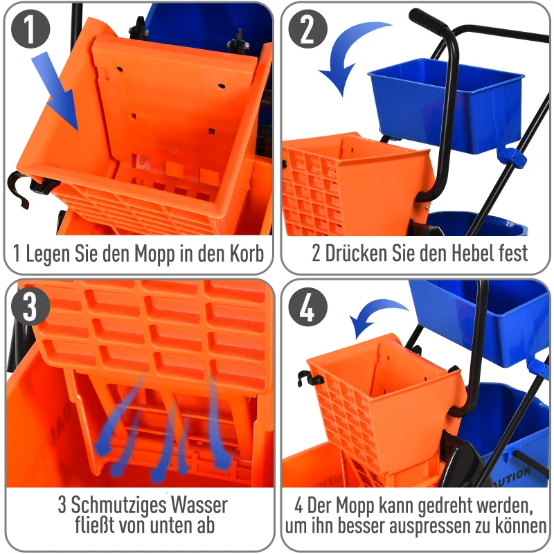 HOMCOM Reinigungseimer, Wischmoppeimer, rollbar, 26 Liter, Kunststoff, Metall, Orange