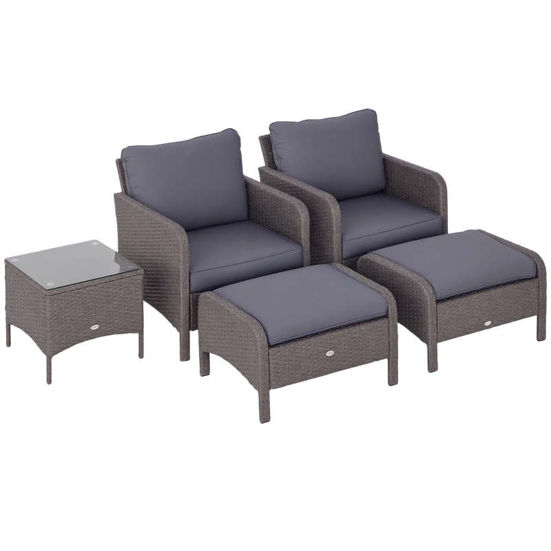 Outsunny 5-tlg. Polyrattan Gartenmöbel Sitzgruppe Gartenset Sofagarnitur Garnitur Lounge mit Kissen Dunkelgrau 2 x Sessel 1 x Couchtisch 2 x Hocker