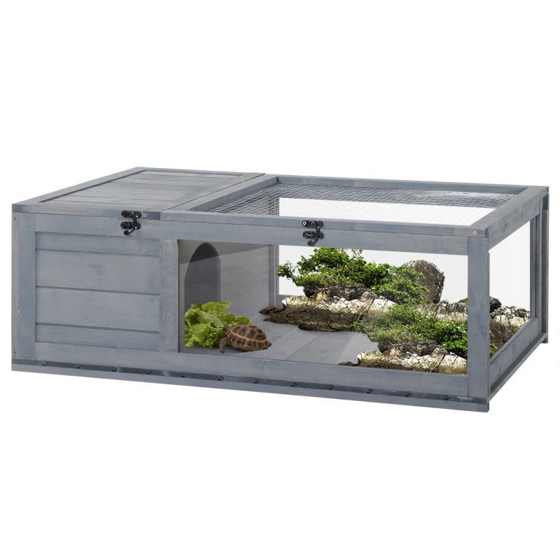 PawHut Cușcă pentru animale mici țestoase cu 2 spații 91 x 60,5 x 32 cm lemn masiv gri